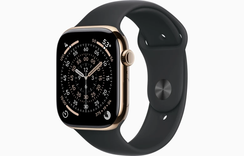 Смарт-часы Apple Watch Series 11, GPS + Cellular, 46мм, Титановый корпус Золотой (Gold), Cпортивный ремешок Черный (Black Sport Band) M/L